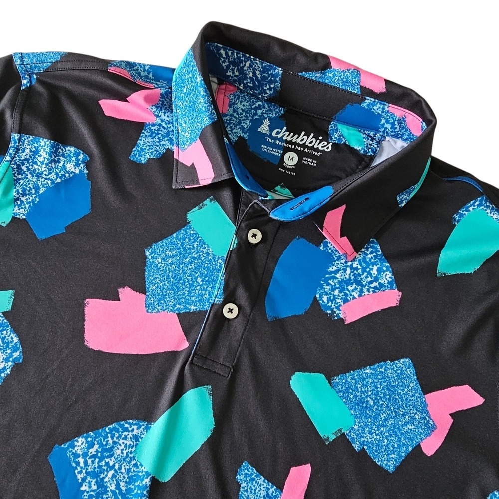 Chubbies Mens Polo‎ Shirt Black Pink Blue Abs Tract Geometric 90s Stretch Medium